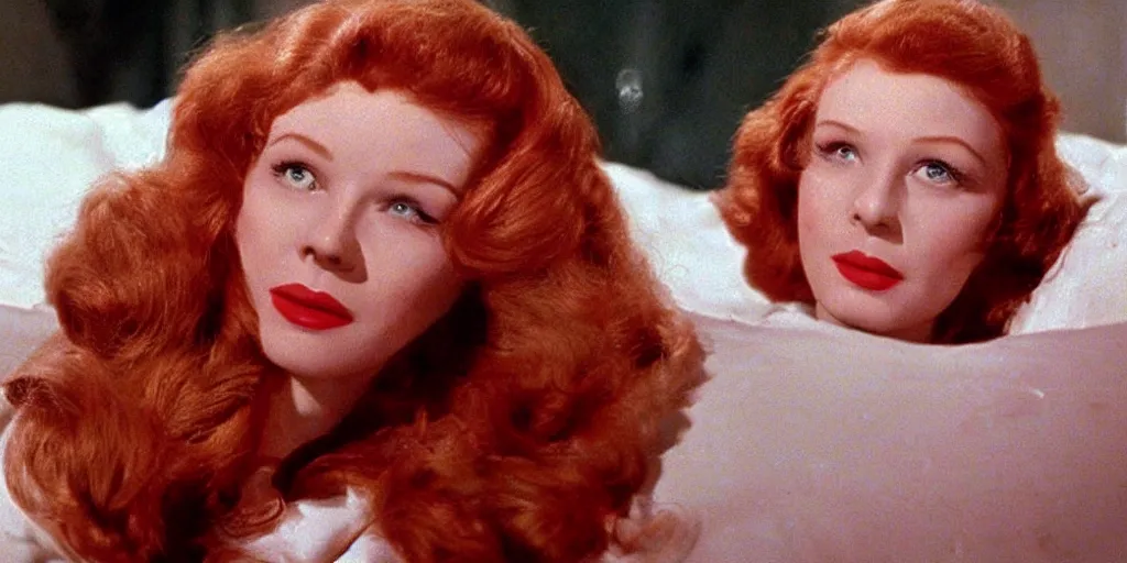 Prompt: a sad redhead is crying in her bed, heatwave, rays of light, douglas sirk still movie