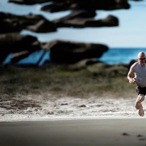 Image similar to Walter White running on the beach, artistic, 8k, cinematic