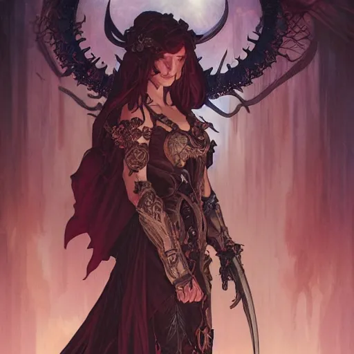 Prompt: Demon Knight of Death, by Artgerm and Greg Rutkowski and Alphonse Mucha