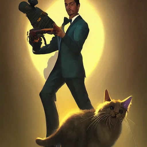 Prompt: face head eyes fuzzy ears kitty cat tabby international spy 007 wearing a nanotech tuxedo concealing a sword jordan grimmer maxfield parrish cristi balanescu ross tran christophe young dug stanat jakub rebelka oil painting impasto