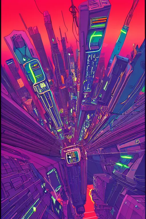 Image similar to astronaut cyberpunk surreal upside down city, neon lights, sharp edges, flat colors, cell shaded by moebius, Jean Giraud, trending on artstation