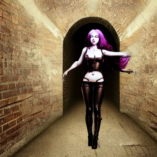 Prompt: a victim being intimidated by a succubus in a leather suit, devi wings, cracked brick wall, long hallway, light at the end of the tunnel, volumetric lighting, concept art, fantasy, dramatic lighting, daz, by mark ryden, hayao miyazaki