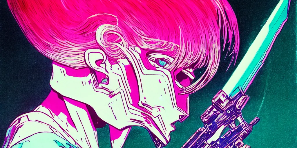 Prompt: a close - up grainy, risograph painting, hyper light drigter, neon colors, a big porcelain glossy eva 0 0 1 - like head, with long hair, floating above the sharp peaks weapons, style by moebius and kim jung gi