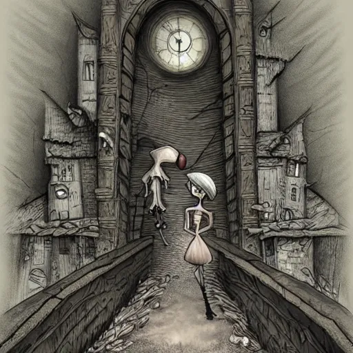 Image similar to grunge cartoon drawing of the end of the world by - michael karcz , in the style of corpse bride, loony toons style, horror themed, detailed, elegant, intricate