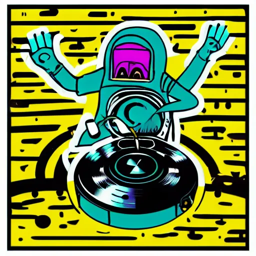 Image similar to svg sticker of a Pop-Wonder Alien-Bog-Monster-Swamp-Rat-Thunder-Coot-Racing-Fan at a rave, spinning records, giant headphones rocking out, wearing headphones, huge speakers, dancing, rave, DJ, spinning records, digital art, amazing composition, rule-of-thirds, award-winning, trending on artstation, featured on deviantart