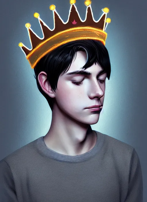 Image similar to portrait of teenage jughead jones wearing a light grey crown, photorealistic, crown, sweater with letter s on it, hamburger, eyes closed, crown, black hair, intricate, elegant, glowing lights, highly detailed, digital painting, artstation, concept art, smooth, sharp focus, illustration, art by wlop, mars ravelo and greg rutkowski