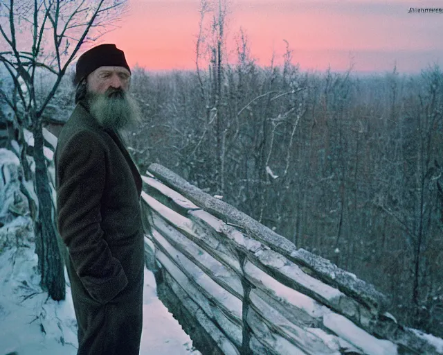 Image similar to award - winning lomographic tarkovsky film still of 4 0 years russian man with beard and sweater standing on small hrushevka 9 th floor balcony in taiga looking at sunset, kodak ektar, bokeh