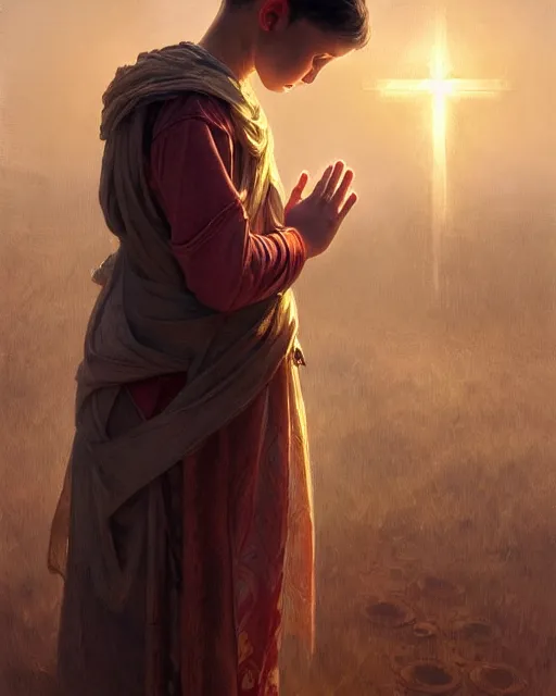 Prompt: poor hungry kid praying to a cross, emotional sad painting, very poor, cross, christianity, fantasy, cruel, dramatic lighting, intricate, wild, highly detailed, digital painting, artstation, concept art, smooth, sharp focus, illustration, art by artgerm and greg rutkowski and alphonse mucha