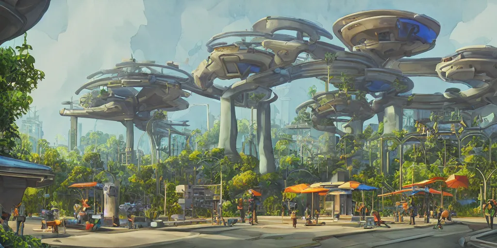 Image similar to overwatch building, stylized, exterior, architecture, in watercolor gouache detailed paintings, insanely detail, artstation, 8 k, futuristic, big medium small, arcane, simon stalenhag, food stall, interesting shapes & form, golden ratio, megastructures, in the middle of crowded jungle, forest, plant, ivy vines