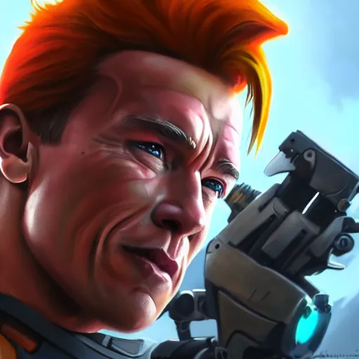 Image similar to a screenshot of arnold schwarzenegger as tracer in overwatch, portrait, fantasy, beautiful face, vivid colors, elegant, concept art, sharp focus, digital art, hyper - realistic, 4 k, unreal engine, highly detailed, hd, dramatic lighting by brom, trending on artstation