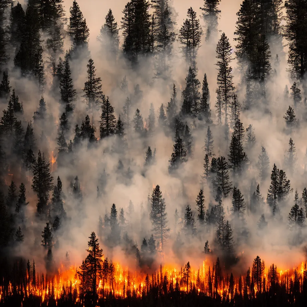 Prompt: Professional photography with long exposure, fire in the forest, small dust particles and smoke, fir trees, taiga romance, Canon, Nikon