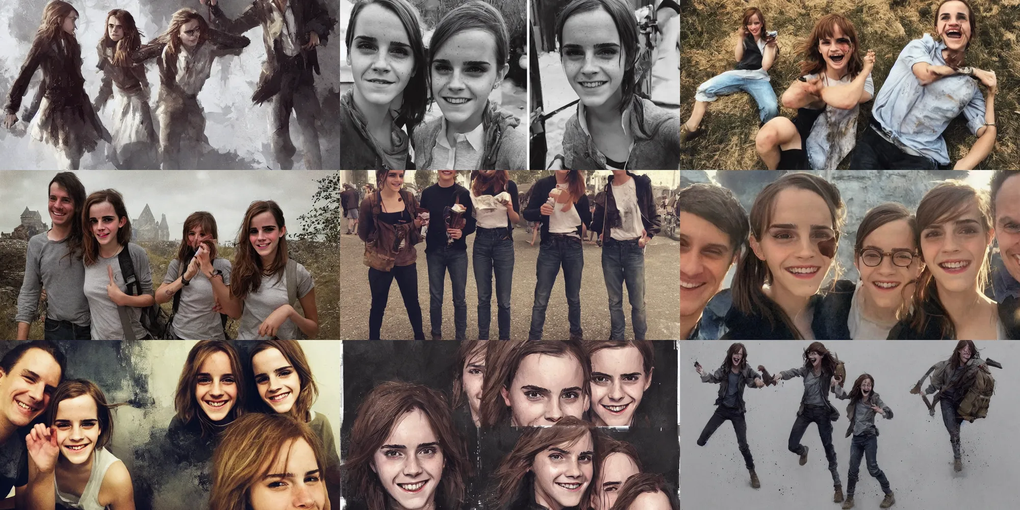 Prompt: emma watson identical twins goofy smiling greg rutkowski!!! greg rutkowski!!! canon eos david bailey david bailey