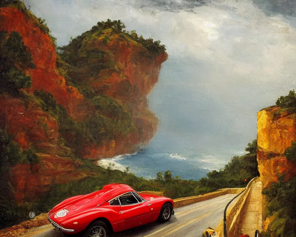 Prompt: a magnificent oil painting of a classic Ferrari on a cliffside road in the French Riviera , during a thunderstorm, by Raphael and Hopper.