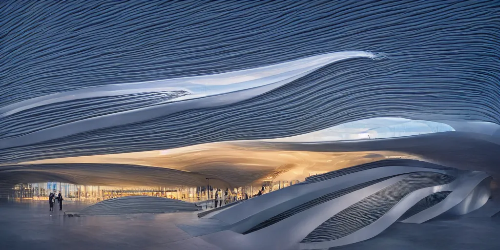 Image similar to extremely detailed awe stunning beautiful futuristic smooth curvilinear museum exterior, translucent gills, zaha hadid, stunning volumetric light, stainless steel, concrete, translucent material, beautiful sunset, hyper real, 8k, colorful, 3D cinematic volumetric light, atmospheric light