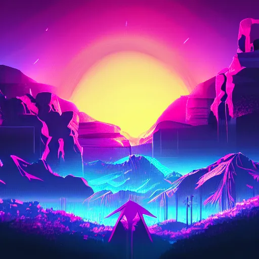 Prompt: Retrowave landscape, synthwave music, digital painting, vivid, album cover, artstation