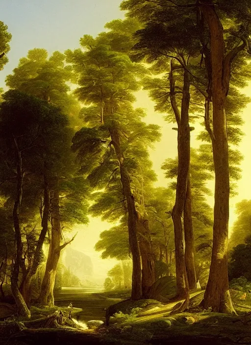 Image similar to a forest with extremely thin tall trees, magically dense, calm serene atmosphere, by asher brown durand, by thomas cole