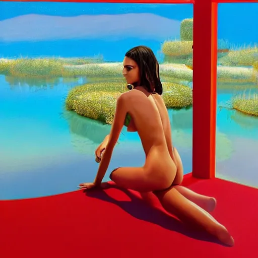 Image similar to Emily Ratajkowski with beautiful face and full body laying in a blood red pool of water between a bright golden glowing mirror frame, outside is space and inside the mirror frame is a beautiful landscape. Hyperrealistic surreal 4K IMAX Rene Margritte intricate, elegant, highly detailed, digital painting, artstation, concept art, smooth, sharp focus, illustration, art by artgerm and greg rutkowski and alphonse mucha