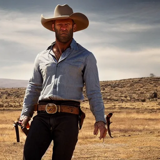 Image similar to jason statham as a cowboy in westworld