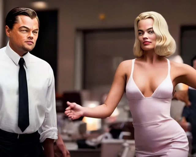 Image similar to leonardo dicaprio as the wolf of wall street next to margot robbie as naomi from the wolf of wall street, hyper realistic faces, cinematic, long shot, hyper detailed, 8 5 mm photograph, 8 k resolution, film still, sharp lens, wide lens