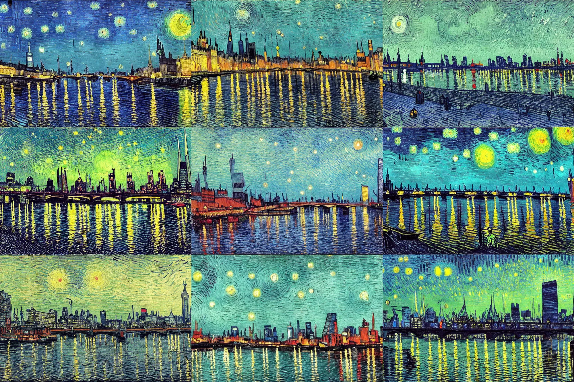 Prompt: futuristic cityscape, mega city, cyberpunk, London, Thames River, painting by vincent van gogh