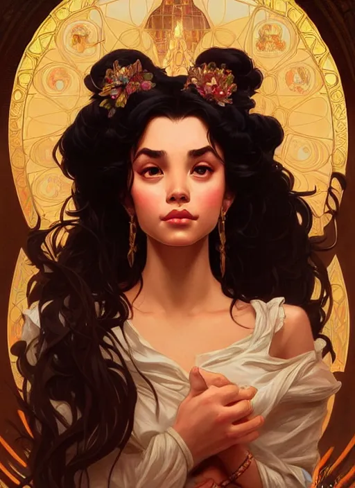 Image similar to portrait of disney esmeralda, intricate, elegant, highly detailed, my rendition, digital painting, artstation, concept art, smooth, sharp focus, illustration, art by artgerm and greg rutkowski and alphonse mucha and uang guangjian and gil elvgren and sachin teng, symmetry!!