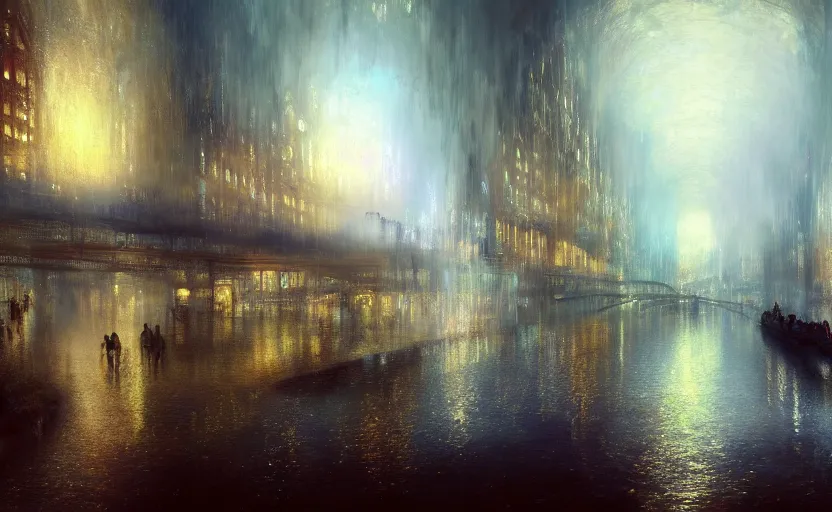 Image similar to an urban train rides inside of a waterway on a fantasy city. by artstation trending, by joseph mallord william turner, luis royo, konstantin razumov, cinematic lighting, fractal flame, highly detailed