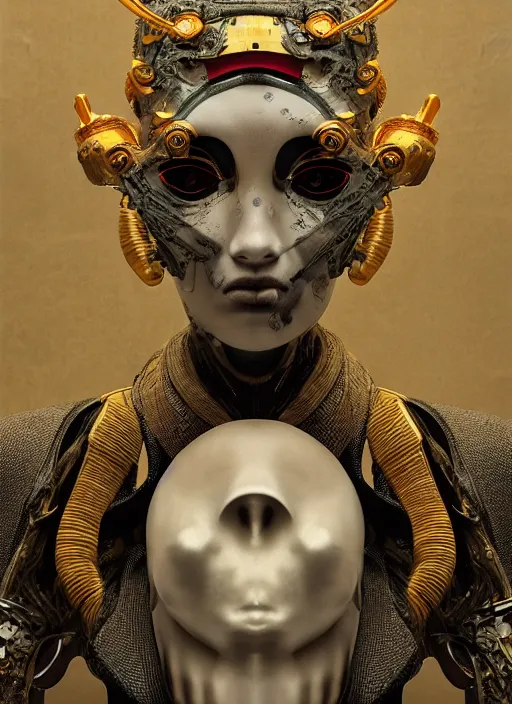 Prompt: portrait of a futuristic geisha cyborg, in the style of ghost in the pans labyrinth, nightmare, kintsugi, modern fine art, fractal, intricate, elegant, highly detailed, digital photography, subsurface scattering, by jheronimus bosch and greg rutkowski,