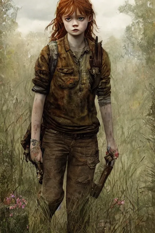 Image similar to sadie sink in the role of ellie in the last of us, dirt, fashion, fantasy, art by ayami kojima, vasnetsov, cedric peyravernay