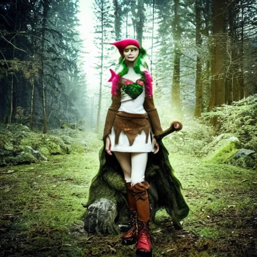 Prompt: Grimes as an elf, standing in a forest, fantasy RPG, dark woods in the background, Godrays peaking through the trees.