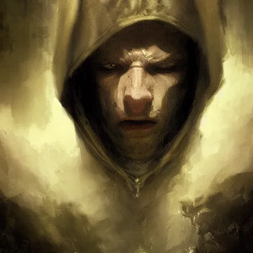 Image similar to portrait of a small pale cowardly man wearing dark hood, fantasy artwork, high fantasy, by greg rutkowski