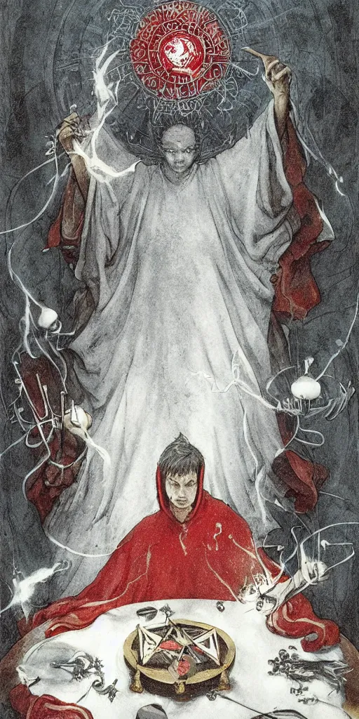 Image similar to tarot card of Magician white robe purity, red cloak, knowledge, table in front with a cup, pentacle, sword and wand – water, earth, air and fire, unlimited potential, flowers, fruition of ideas by framk frazzeta, brom, luis royo, Zdzisław Beksiński and thu berchs James Gurney unreal engine, Trending on artstation.