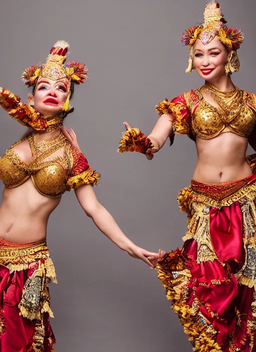 Prompt: portrait of lindsey pelas and emilia clarke as traditional javanese dancer, by charlotte grimm, natural light, detailed face, canon eos c 3 0 0, ƒ 1. 8, 3 5 mm, 8 k, medium - format print, half body shot