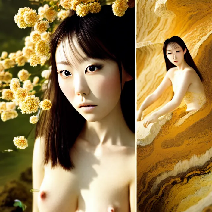 Prompt: Kodak Portra 400, 8K, soft light, volumetric lighting, highly detailed, Rena Nounen style 3/4 ,portrait photo of a Japanese ravishing Goddess by WLOP, the face emerges from a lava flowing gold travertine terraces with lotus flowers, inspired by Ophelia paint , a beautiful chic dress and hair are intricate with highly detailed realistic beautiful flowers , Realistic, Refined, Highly Detailed, ethereal lighting colors scheme, outdoor fine art photography, Hyper realistic, photo realistic, masterpiece