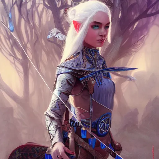 Image similar to detailed photo of elven archer girl, white hair, blue eyes, beautiful, 8 k, by tristan eaton, stanley artgermm, tom bagshaw, greg rutkowski, carne griffiths, trending on deviantart, hyper detailed, glorious lighting, epic environment