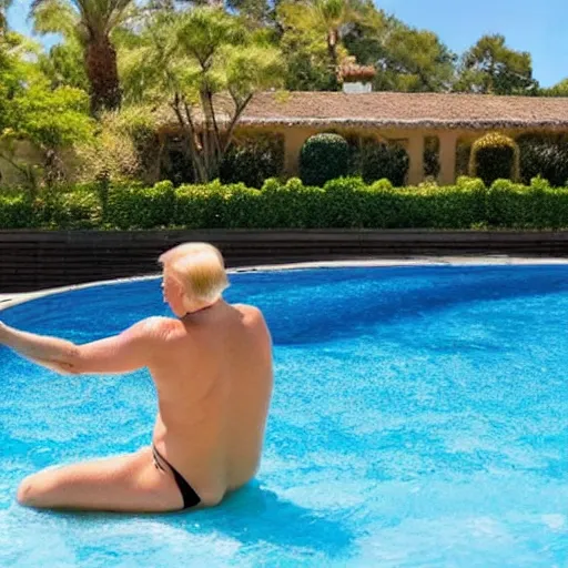 Image similar to donald trump sunbathing in string, swimming pool in background