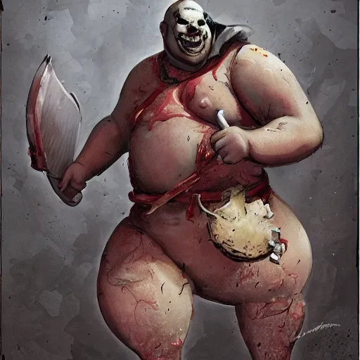 Image similar to a fat fleshy abomination butcher holding a cleaver and a hook hand, meats on the ground, in the style of greg rutkowski, fantasy rpg, league of legends