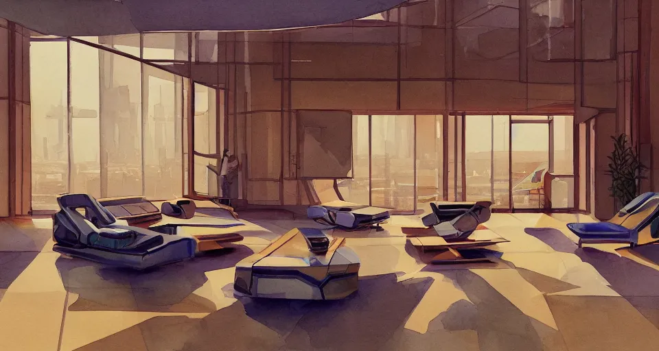 Image similar to a beautiful illustration of futuristic interior hall, lots of furniture, sofa, waiting room, big medium small, sacred geometry, golden ratio, in watercolor gouache detailed paintings, in style of syd mead, trending on artstation,8k, panel, hard surface, vent, zaha hadid, props, plant, cozy