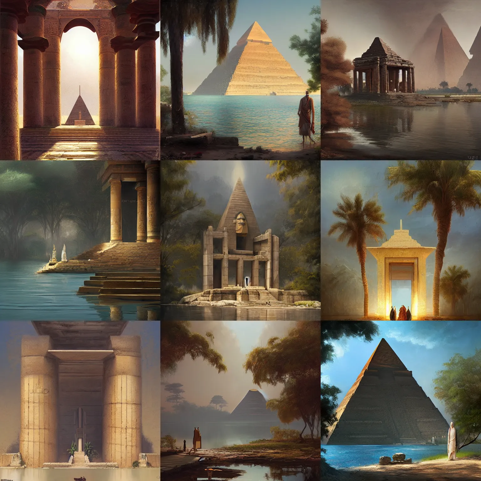 Prompt: temple by the lake, ancient egypt, digital art, oil on canvas, painting by greg rutkowski