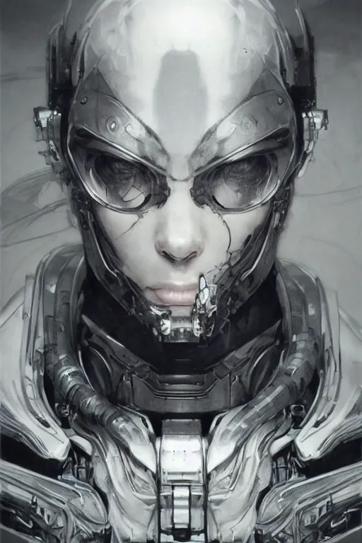 Prompt: detailed graphite art of a cyborg with japanese aesthetic, detailed character drawing, ruan jia, yoji shinkawa, yoshitaka amano, award - winning art