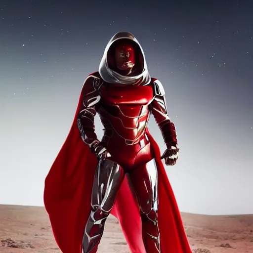 Image similar to tall muscular infantry man in glossy sleek white armor with a few red details and a long red cape, heroic posture, on the surface of mars, night time, dramatic lighting, cinematic, sci-fi, hyperrealistic, movie still