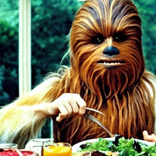 Prompt: Chewbacca eating a salad 1972 vintage