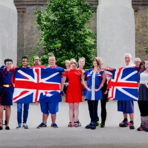 Prompt: a group of people, one from each country in europe, each holding the flag of their country