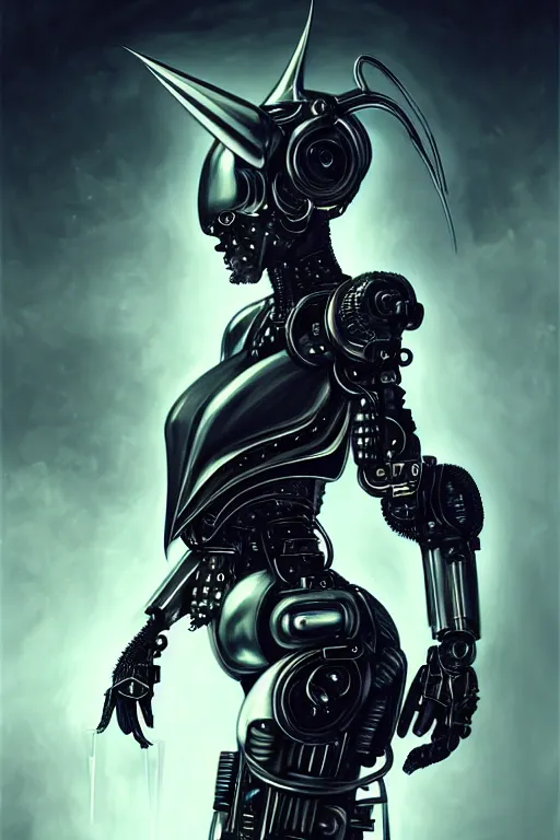 Image similar to dark futuristic cyborg with metal horns, chrome motorcycle parts, full body, diffuse lighting, fantasy, intricate, elegant, highly detailed, lifelike, photorealistic, digital painting, artstation, illustration, concept art, smooth, sharp focus, art by John Collier and Albert Aublet and Krenz Cushart and Artem Demura and Alphonse Mucha