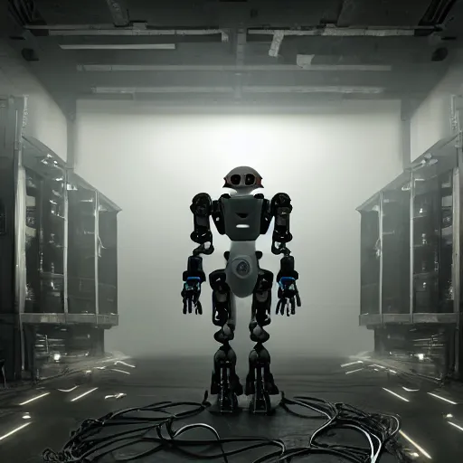 Prompt: boston dynamics robot in gloomy ruined server room in datacenter painting concept art of titan colossus, sharp focus, emitting diodes, smoke, artillery, pacing, computers racks motherboard cinematic dramatic by pascal blanche rutkowski artstation detailed matte painting, 4 k resolution