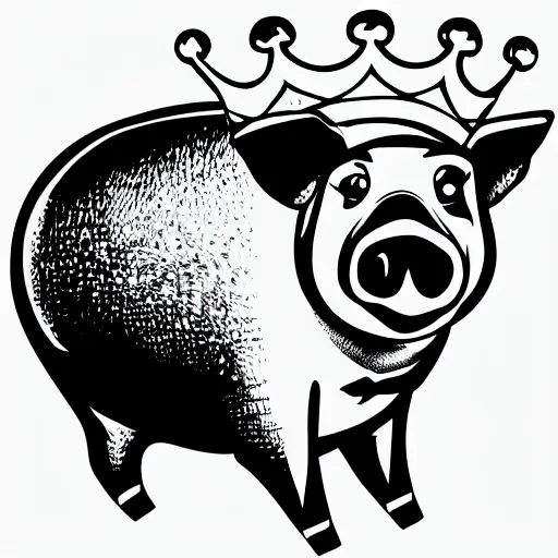 Prompt: walking pig wearing crown vector art black and white 35mm