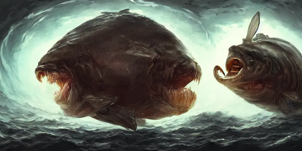 Image similar to giant colossal anglerfish from the depths, concept art, digital illustration, trending on artstation, deviantart, artgerm, epic composition, masterpiece, highly detailed, advanced technique, ambient lighting, wlop, ross draws