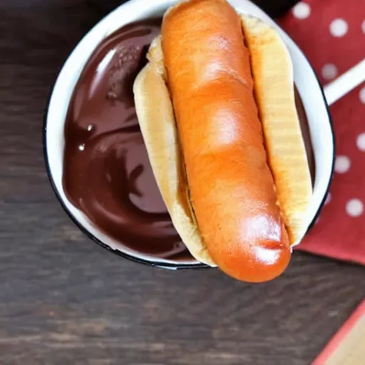 Prompt: a hotdog soaking in a cup of fancy chocolate milk