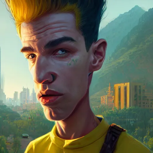 Image similar to highly detailed portrait bart simpson, in gta v, stephen bliss, unreal engine, fantasy art by greg rutkowski, loish, rhads, ferdinand knab, makoto shinkai and lois van baarle, ilya kuvshinov, rossdraws, tom bagshaw, global illumination, radiant light, detailed and intricate environment