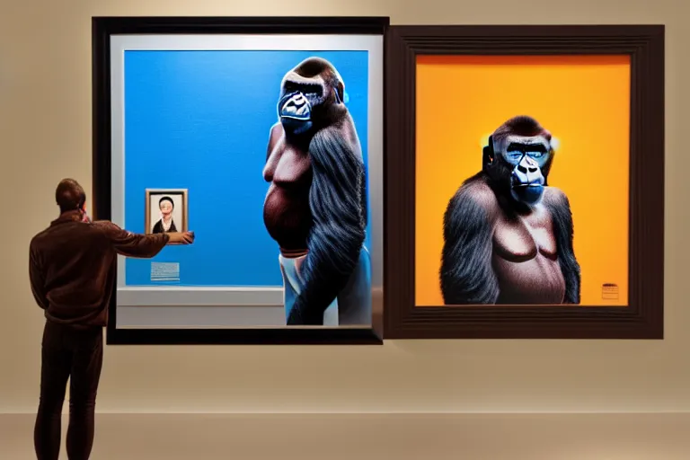 Image similar to Gorilla standing beside a framed illustration of a vividly colored portrait of a man wearing a turtleneck and an admiral’s hat, hyperrealistic, concept art, 8k, artstation, cinematic, volumetric lighting