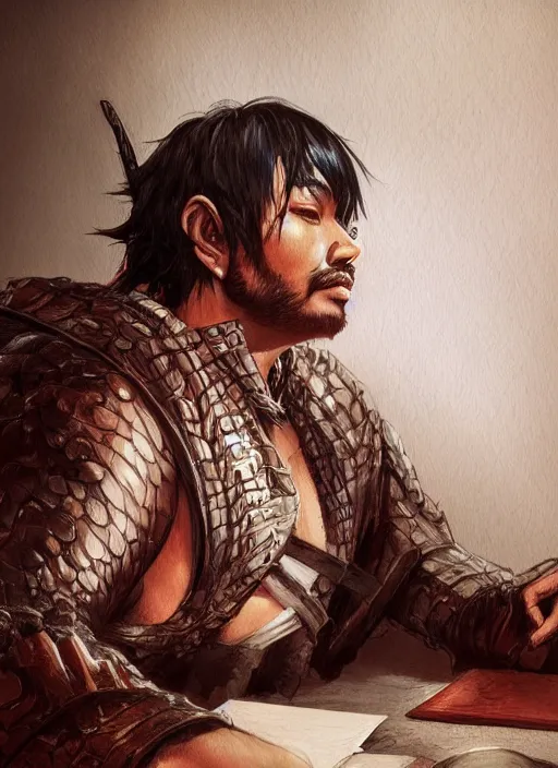 Image similar to asian with medium black hair man sitting at his desk looking down at belly, low angle, camera low, dndbeyond, bright, colourful, realistic, dnd character portrait, full body, pathfinder, pinterest, art by ralph horsley, dnd, rpg, lotr game design fanart by concept art, behance hd, artstation, deviantart, hdr render in unreal engine 5